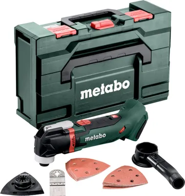 A Metabo cordless multi-tool and its accessories are displayed on a white background, with the tool's storage case in the background.