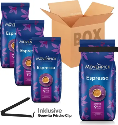 Produktbild von SPARBOX Mövenpick Espresso + gratis Gourvita Frische-Clip, 4x1000g Bohnen