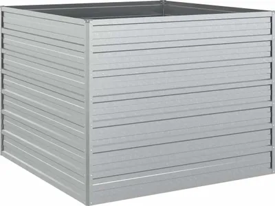 A silver, rectangular raised garden bed made of galvanized steel.