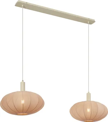 Produktbild von QAZQA - Japandi Japandi Hängelampe I Pendellampe I Pendelleuchte Beige mit Stoffschirm 2-flammig - Bida I Wohnzimmer I Schlafzimmer - Textil Rund - LED geeignet E27
