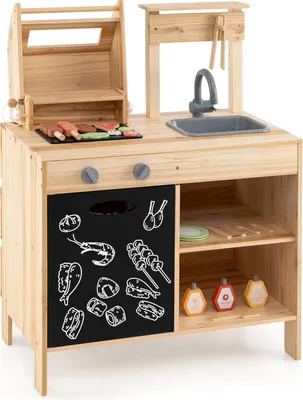 Produktbild von GOPLUS Matschküche Kinder mit Tafel, Kinder BBQ Grill Spielset mit Spielzeugessen, Grillwerkzeugen und Gewürzflaschen, Natur