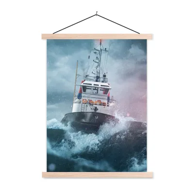 Produktbild von MuchoWow® Textilposter Meer - Boot - Sturm - Leuchtturm 60x80 cm mit holzfarbenen Rahmen - Wandbild