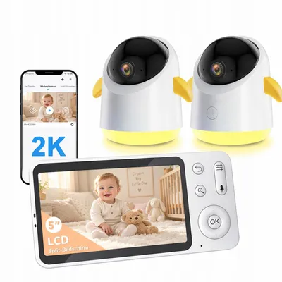 Zdjęcie produktu dla BOIFUN, monitor dla dziecka z dwoma kamerami, rozdzielczość 2K, 3MP, 5-calowy ekran, monitor dla dziecka z Wi-Fi i aplikacją, funkcja podziału ekranu, obracana kamera (360°), tryb nocny, wykrywanie ruchu i płaczu, dwukierunkowy system audio