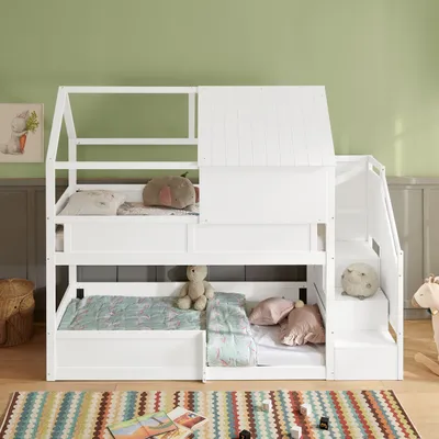 Productafbeelding van okwish Etagebed 80x200 met treden en veiligheidsrelingen, kinderbed met huisdakontwerp, dubbelbed in wit, zonder matras