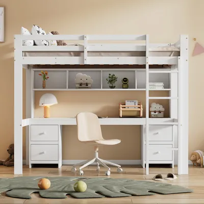A white loft bed with a desk and shelves underneath, set in a child's room.