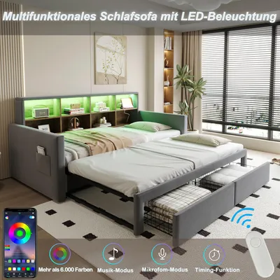 Image de OKWISH Lit Gigogne 90x190 cm - Lit Capitonné avec LED, 2 Tiroirs et Compartiments pour Enfant - Velours, MDF, Gris Foncé - sans Matelas