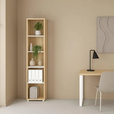 Produktbild von Bücherregal Baaz, Büroregal, Mobiler Buchhalter, Bücherbrett, 41x34 h205 cm, Eiche und Weiß