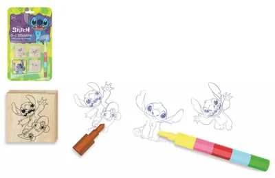 Produktbild von Stempelset 3+1 mit Stempelkissen, Holz, 4,5 x 4,5 cm, mit Wachsstift „Lilo & Stitch“ auf einer Karte, 17 x 28 cm