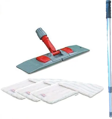 Image de Kit balai à franges « Premium » avec manche télescopique 60 cm, comprenant 3 franges microfibres