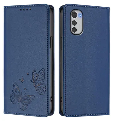 Produktbild von Lederhülle für Motorola Moto E32, Schmetterling Prägung Leder Brieftasche Schutzhülle mit Ständer Dunkelblau