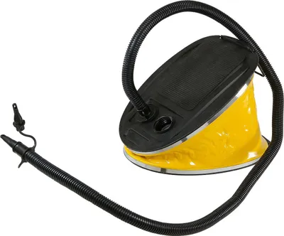 A yellow and black foot pump with a black hose and nozzle, isolated on a white background.
