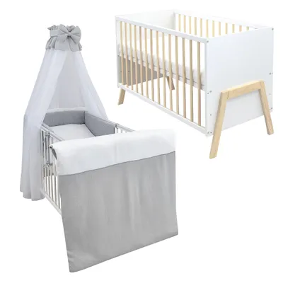 Produktbild von Babybett Kinderbett Gitterbett Juna 60x120 Weiß Schutzgitter Matratze Bettwäsche Set 10tlg Musselin Grau