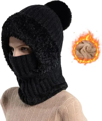 Produktbild von MODFU Mützen, Strick Plüsch Einteiler Mütze Winter Warm, Kapuzenmütze für Kinder & Erwachsene, Kuschelig, Bequem, Outdoor & Winter Accessoire, Schwarz