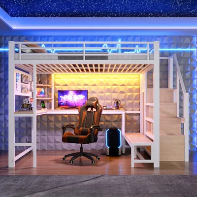 Produktbild von Flieks Etagenbett 140x200cm mit Schreibtisch und Lochwand, Hochbett Kinderbett mit Usb und Type-c, Jugendbett Metallbett mit Led, Doppelbett Weiß