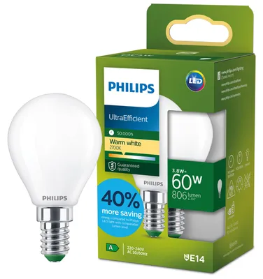 Produktbild von Philips Filament-Lampe, Tropfenform, matt, 60 W P45 E14, 3,8 W, 60 W, E14, 806 lm, 50000 h