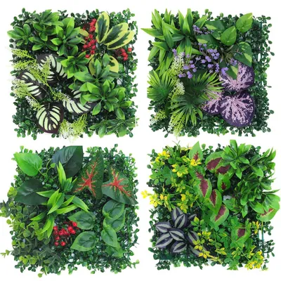 Produktbild von Pflanzenwand für den Außenbereich, 4 künstliche Pflanzenwandelemente, 25 x 25 cm, künstliche Pflanzendekoration für Wand, Balkon und Garten (Hybrid 06)