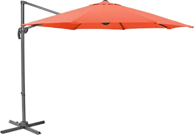 An orange cantilever umbrella on a gray stand against a white background.