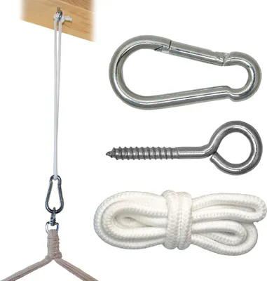 Produktbild von Befestigung für Hängesessel Hängestuhl | schwere robuste Metall Ausführung | Karabinerhaken Ringschraube Seil | Befestigungsset Aufhänge Set für Hängematte | Belastbarkeit bis ca. 160 KG