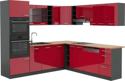 Produktbild von Eckküche Vicco R-Line Rot Hochglanz 247 x 60 cm , AP Eiche, Model 42959