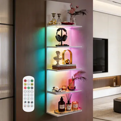 Produktbild von RGB+IC Wandregal Hängend 5-stufig Bücherregal Weiß mit Fernbedienung, 16 Mio. Farben Beleuchtung, Schweberegale für Wohnzimmer 30×18×117cm