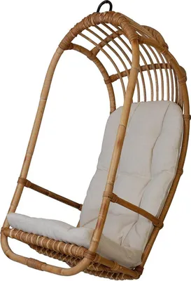 A hanging chair made of rattan with a beige cushion, presented against a white background.