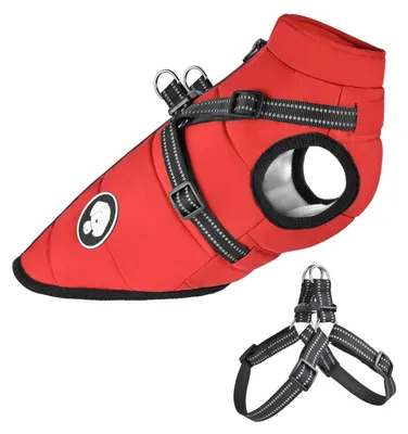 Immagine prodotto di Giacca per cani con imbracatura, cappotto invernale impermeabile per cani di piccola e grande taglia, colore rosso, taglia M