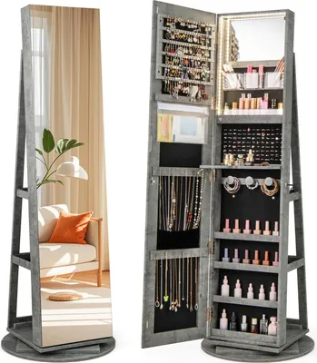 Produktbild von GOPLUS Schmuckschrank mit Ganzkörperspiegel, 360° drehbarer Spiegelschrank mit 3-farbigem LED-Licht, abschließbarer Schmuck Organizer aus Holz (Grün)