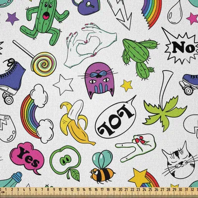 Produktbild von ABAKUHAUS emoji Microfaser Stoff als Meterware , Klare farbige Sammlung Spaß-Retro- Karikatur-Zahlen in der komischen Art 80s und 90s, 10 M (230 x 1000 cm), Mehrfarbig