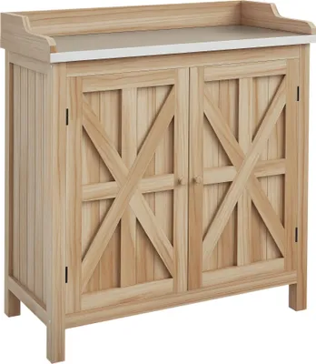 Image de Outsunny Table de rempotage armoire de rangement de jardin avec 2 šŠtagššres, antidšŠrapants en bois sapin plateau galvanisšŠ patins