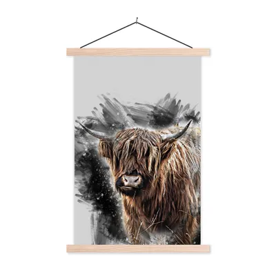 Produktbild von MuchoWow® Textilposter Schottischer Highlander - Schwarz - Tiere 60x90 cm mit holzfarbenen Rahmen - Textil