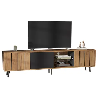 Produktbild von lowboard Fernsehschrank,TV-Ständer,TV-Schrank mit 3 Schränken,Schlichter Wohnzimmerschrank mit originaler Holzfarbe+schwarzer Spleiße