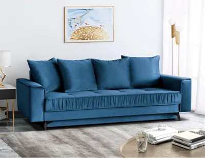 Produktbild von Stilvoll Schlafsofa für 3 Personen Monaco Sofa mit Schlaffunktion Bettkasten Dreisitzer aus Veloursbezug, Farbe: Blau