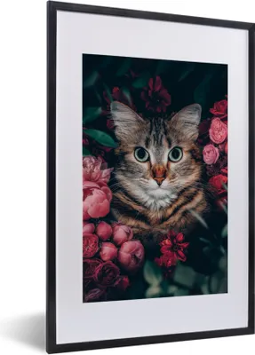 Produktbild von MuchoWow® Gerahmtes Poster Katze - Blumen - Blätter - Botanisch 40x60 cm - Poster mit Schwarzem Bilderrahmen Wandposter Rahmen Foto Bilder - Poster in Rahmen