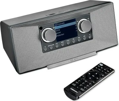A gray MEDION internet radio with a remote control in front of it, on a white background.