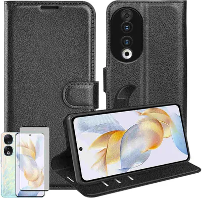 Obrázek produktu pro Pouzdro na mobil Honor 90 5G, černé, z umělé kůže + zakřivené tvrzené sklo H9