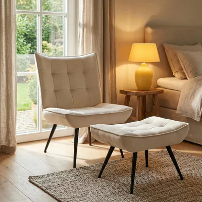 Produktbild von Loungesessel mit Fußhocker Samt Beige Gepolsterter Relaxsessel Fernsehsessel Lesesessel für Wohnzimmer oder Schlafzimmer
