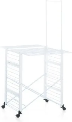 A white metal drying rack with wheels.