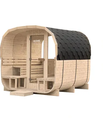 A wooden barrel sauna with a black shingled roof, shown outdoors against a white background.