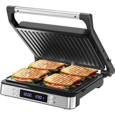 Image de Olvy Gril de contact XXL 2000W - Appareil à sandwich pour 4 sandwiches, Paninimaker avec 7 programmes, Gril de table avec écran, sans PFAS, réglable jusqu'à 230