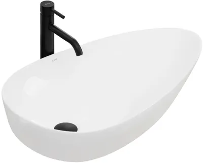 A white countertop sink with a black faucet.