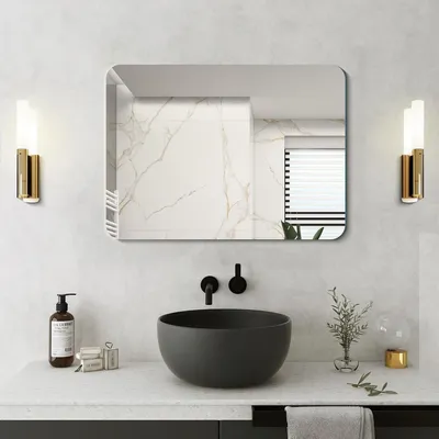 Productafbeelding van Spiegel voor aan de muur, zonder lijst, 70x50 cm, met afgeronde hoeken, rechthoekig, geschikt voor badkamer, slaapkamer of woonkamer, horizontaal of verticaal te monteren