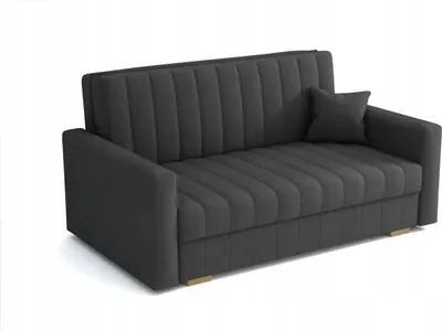 A dark gray sofa with a single throw pillow on a white background.