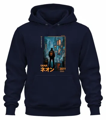 Zdjęcie produktu dla Cyberpunk 2077, Neon City, Japonia, Przyszłość, Y2K, Dystopia, Bluza z kapturem w stylu anime, kolor granatowy, rozmiar M