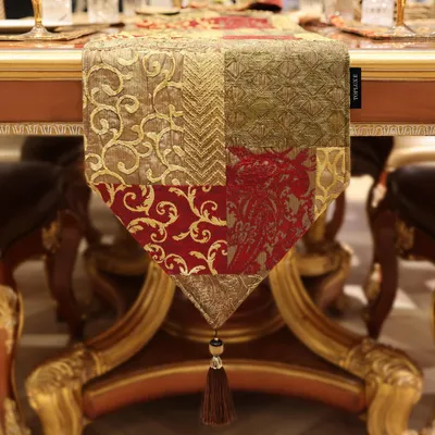 Immagine prodotto di Runner da tavolo con frange, tessuto jacquard, 33x274 cm, colore oro-rosso