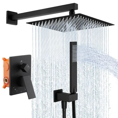 Image de Ensemble de robinetterie de douche encastrée, 12 pouces, avec pommeau de douche pluie et douchette à main, finition noire