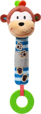 A plush toy monkey with a rattle and teether.