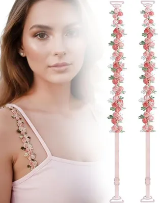 Produktbild von BH-Träger – 37,5 cm – Ersatz-BH-Träger für Damen – BH-Träger mit gestickten Blumen – Elastische BH-Schulterträger – Haken 1,45 cm – Rosa