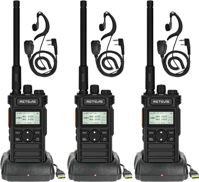 Three Retevis RT86S walkie-talkies with accessories are displayed in charging docks against a white background.