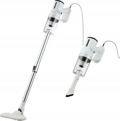 Two white and silver stick vacuums are shown against a white background. One is fully assembled and standing upright, while the other is shown as a handheld unit with an attachment.