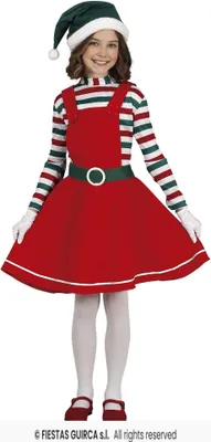 Produktbild von Mädchen Weihnachtself-Kostüm – Rotes Latzkleid mit Oberteil und grüner Weihnachtsmütze Größe 98-146, Größe:98/104